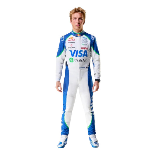Liam Lawson 2025 Racing Bulls F1 race suit in blue and white with sponsor branding