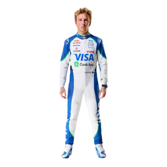 Liam Lawson 2025 Racing Bulls F1 race suit in blue and white with sponsor branding
