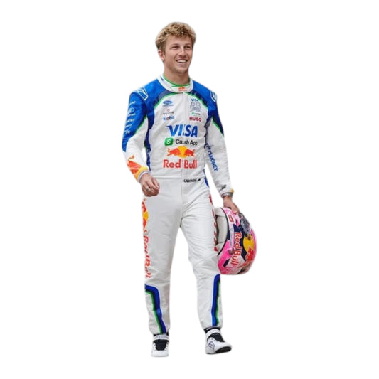 Liam Lawson 2026 Racing Bulls F1 race suit in white and navy blue with sponsor logos
