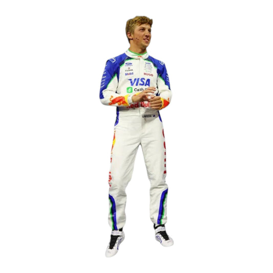 Liam Lawson 2026 Racing Bulls F1 race suit in white and navy blue with sponsor logos