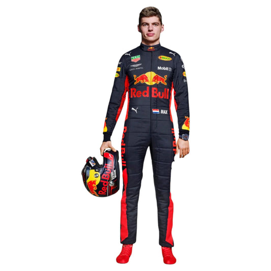 Max Verstappen 2018 Red Bull F1 race suit in dark navy with red side panels, Red Bull branding, and sponsor logos