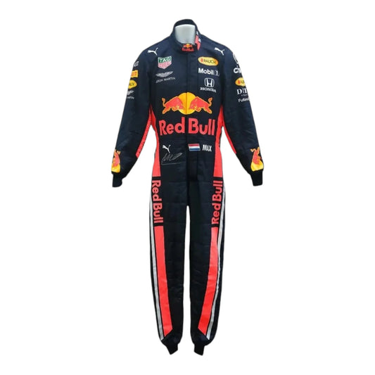 Max Verstappen 2019 Red Bull F1 race suit in navy blue with Red Bull racing sponsor branding