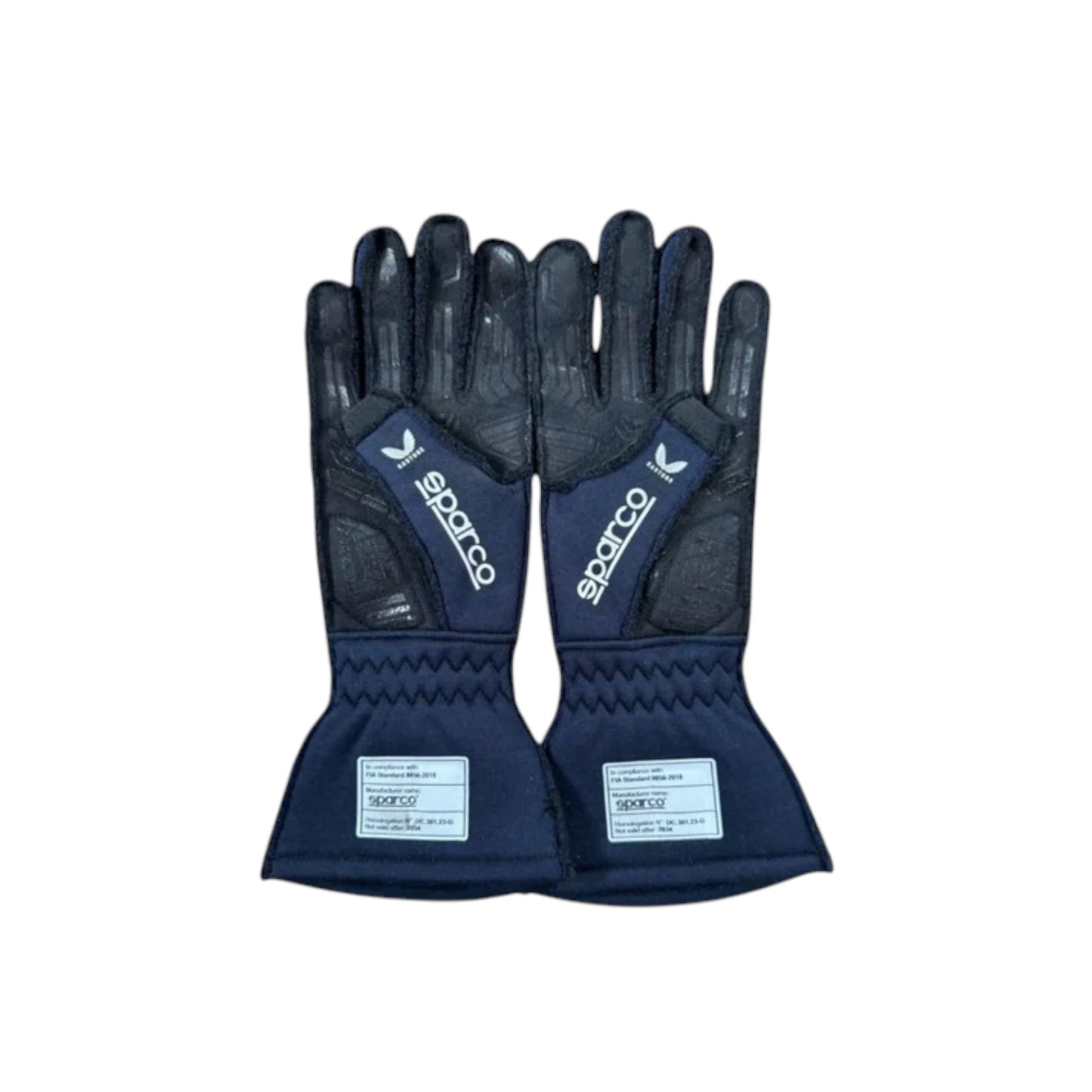 Max Verstappen 2024 Red Bull F1 racing gloves in dark navy blue with red and yellow accents