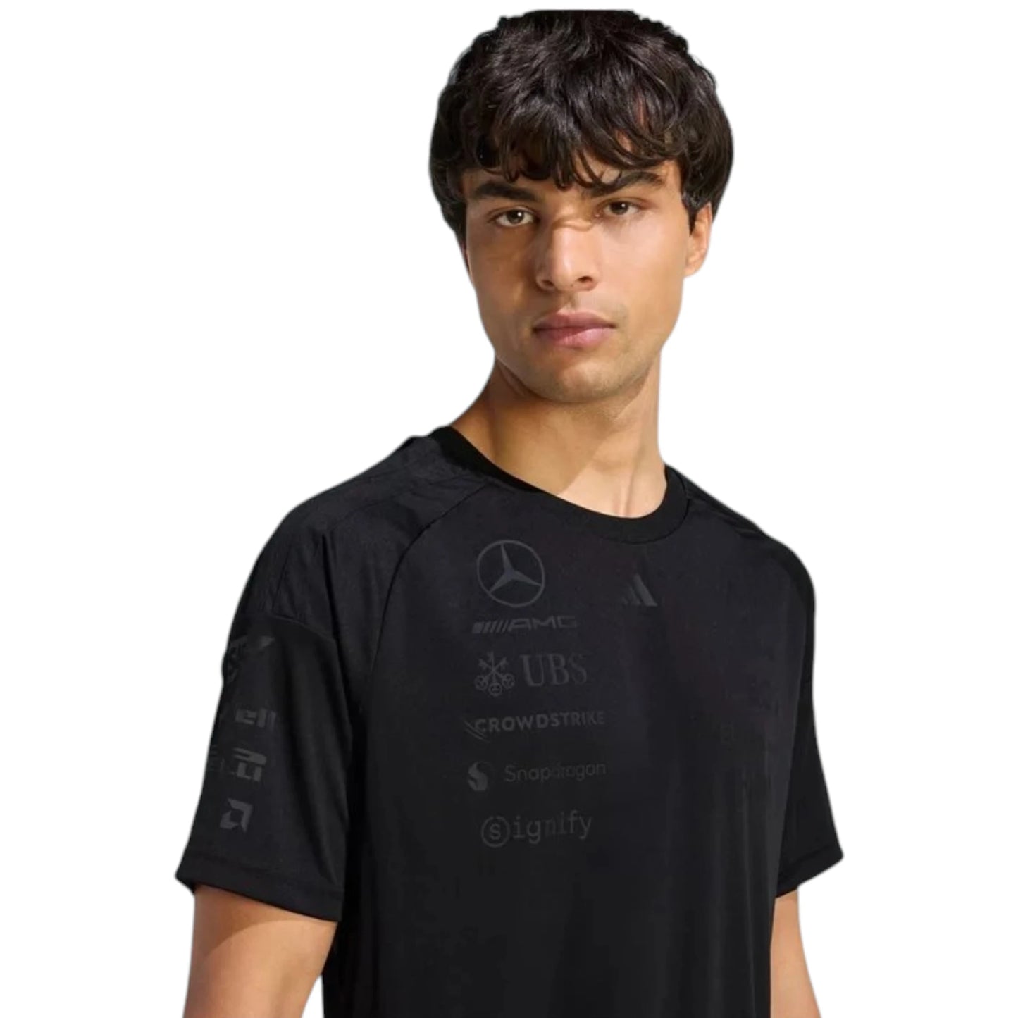 Mercedes AMG Petronas F1 Team Night Driver T-Shirt with tonal sponsor logos, adidas performance design, and premium motorsport detailing