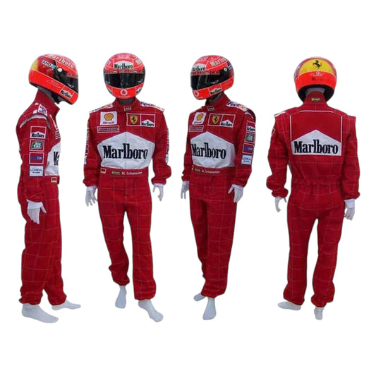 Michael Schumacher 2001 Ferrari Belgian GP F1 Racing Suit in red featuring iconic Ferrari racing graphics and authentic sponsor detailing