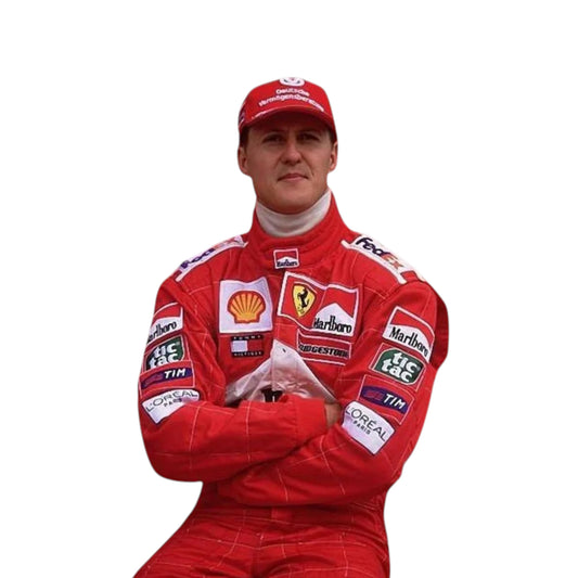 Michael Schumacher 2002 Ferrari F1 Racing Suit in red featuring iconic Ferrari racing graphics and authentic sponsor detailing