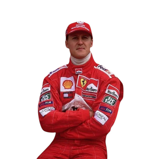 Michael Schumacher 2002 Ferrari F1 Racing Suit in red featuring iconic Ferrari racing graphics and authentic sponsor detailing