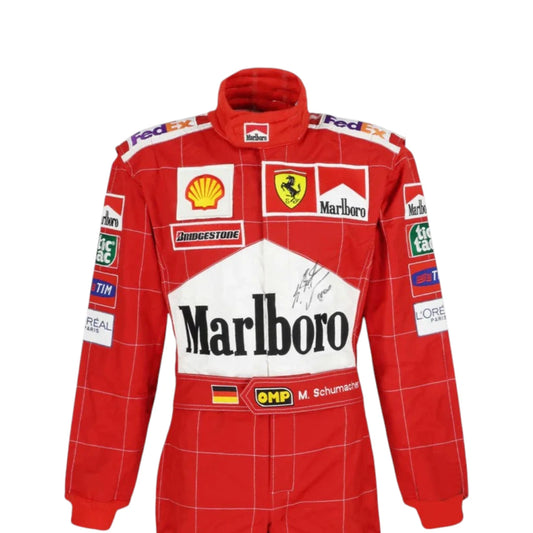 Michael Schumacher 2004 Ferrari F1 Racing Suit in red featuring iconic Ferrari racing graphics and authentic sponsor detailing