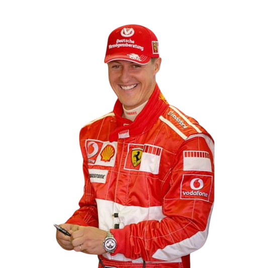 Michael Schumacher 2006 Ferrari F1 Racing Suit in red and white featuring iconic Ferrari racing graphics, authentic sponsor detailing, and championship inspired design