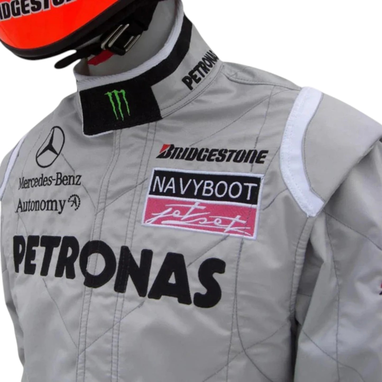 Michael Schumacher 2010 Mercedes AMG Petronas F1 Racing Suit in silver featuring iconic Mercedes-AMG Petronas team graphics, authentic sponsor detailing, and championship inspired design