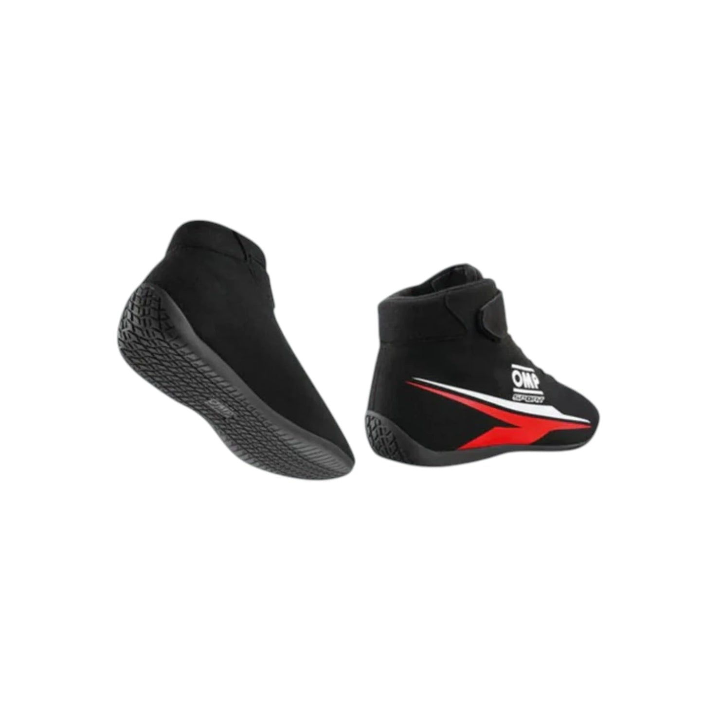 OMP Sport racing shoes featuring black, red and white OMP styling with motorsport detailing