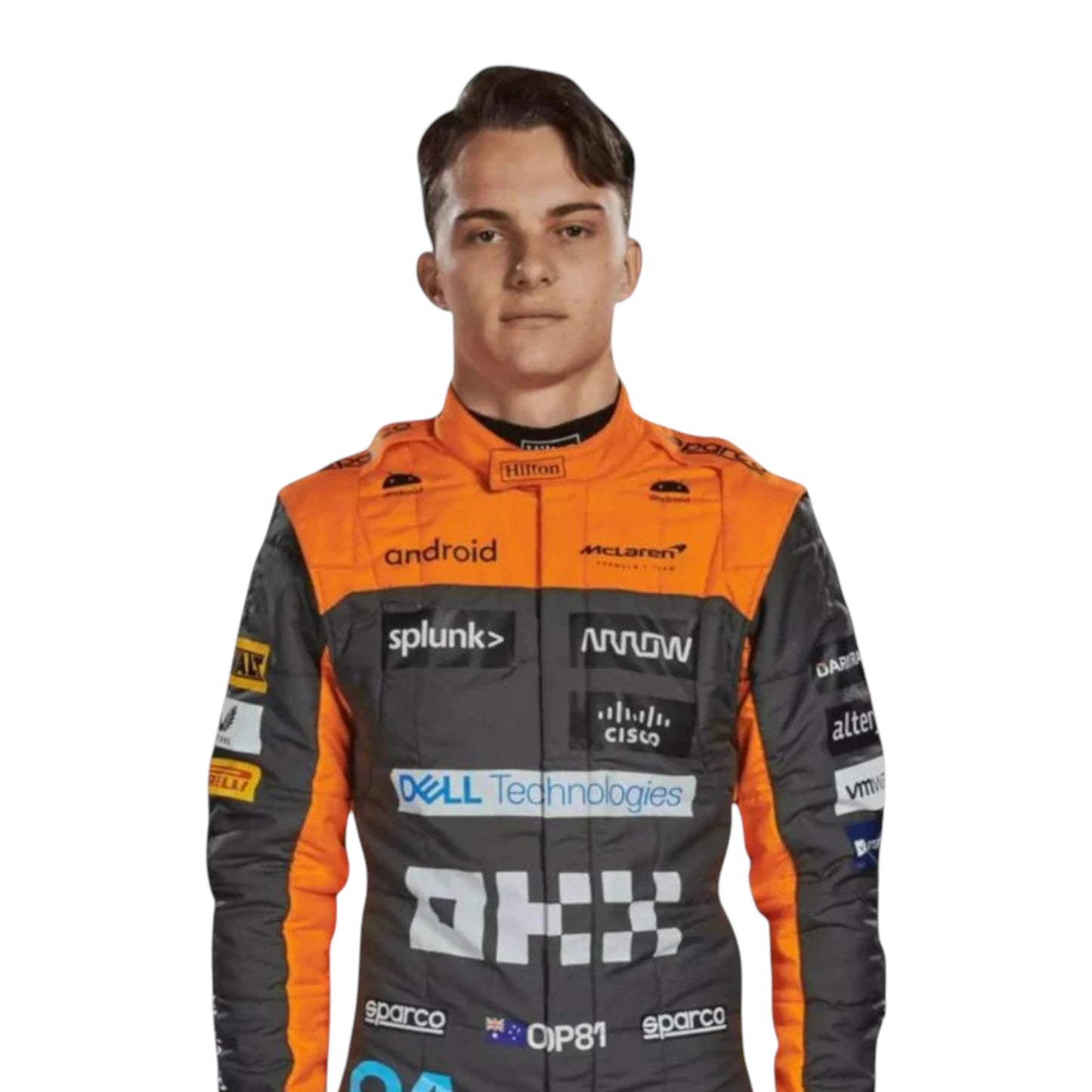 Oscar Piastri 2023 McLaren F1 race suit in papaya orange, dark grey, and blue with sponsor branding