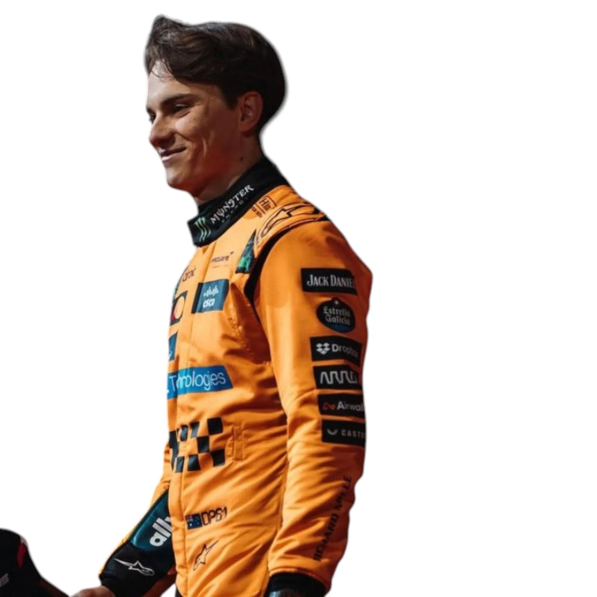 Oscar Piastri 2025 McLaren F1 race suit in papaya orange with black accents and sponsor detailing