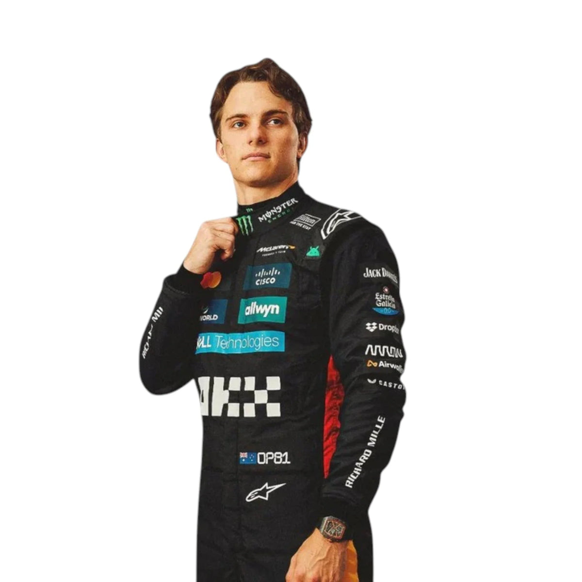 Oscar Piastri 2025 McLaren Silverstone British GP Formula 1 race suit with sponsor branding