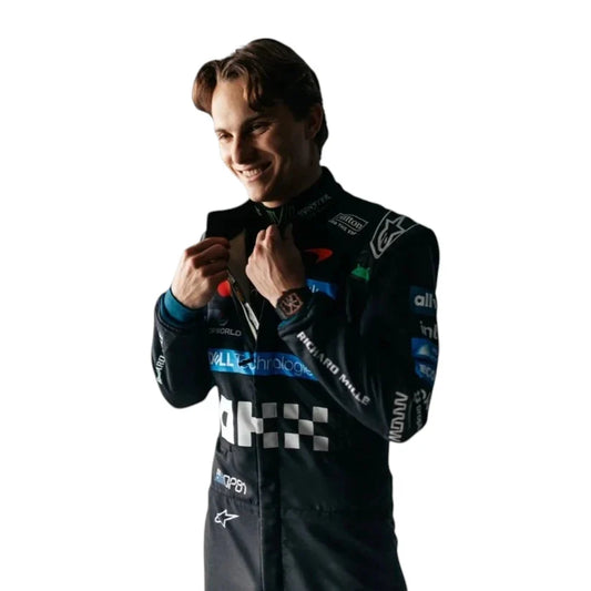 Oscar Piastri 2026 McLaren Monza GP F1 Racing Suit in black featuring McLaren team branding and sponsor logos