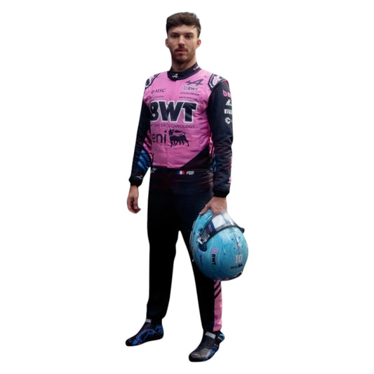 Pierre Gasly 2026 Alpine F1 race suit in blue and pink with sponsor logos