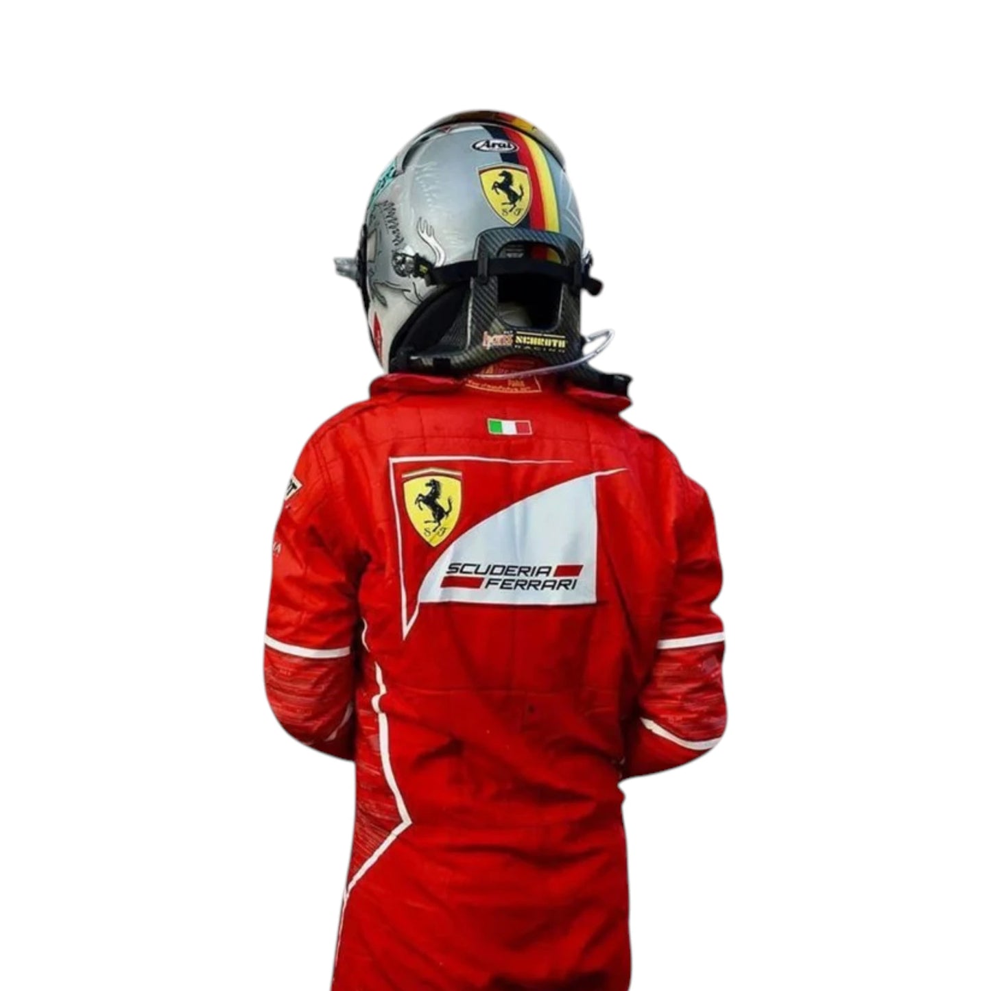 Sebastian Vettel 2017 Ferrari F1 Racing Suit featuring iconic red Ferrari racing graphics and authentic sponsor detailing