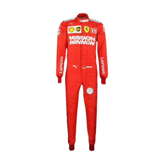 Sebastian Vettel 2019 Ferrari F1 Racing Suit featuring iconic red Ferrari racing graphics and authentic sponsor detailing