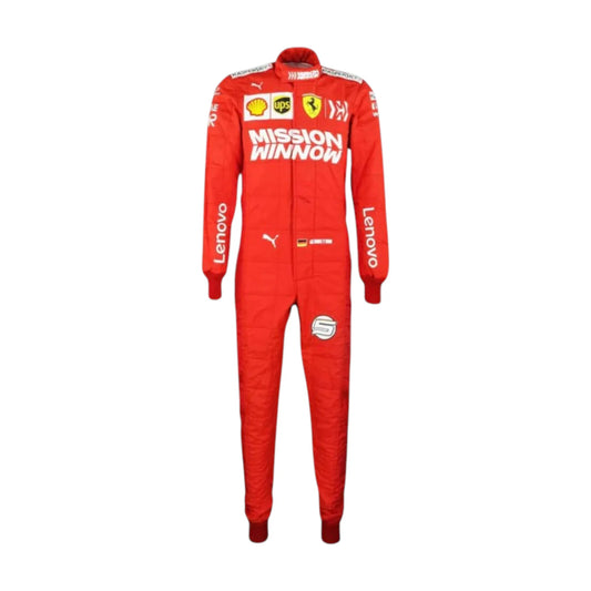 Sebastian Vettel 2019 Ferrari F1 Racing Suit featuring iconic red Ferrari racing graphics and authentic sponsor detailing