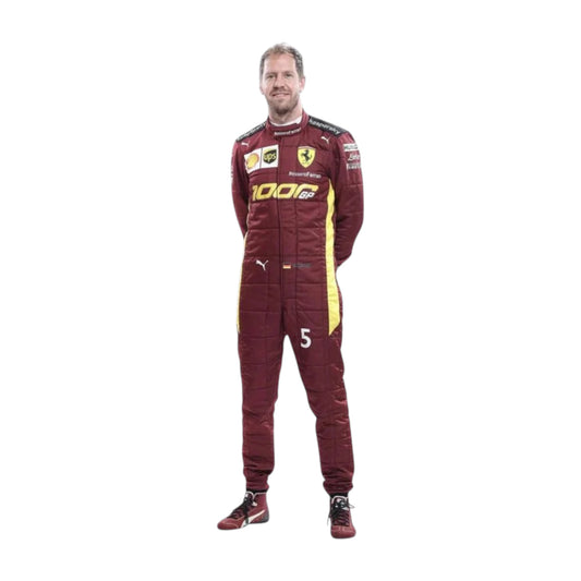 Sebastian Vettel 2020 Ferrari 1000 GP F1 Racing Suit featuring iconic burgundy Ferrari racing graphics and authentic sponsor detailing