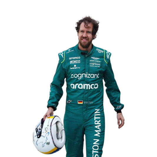 Sebastian Vettel 2022 Aston Martin F1 race suit in green with lime accents and sponsor logos