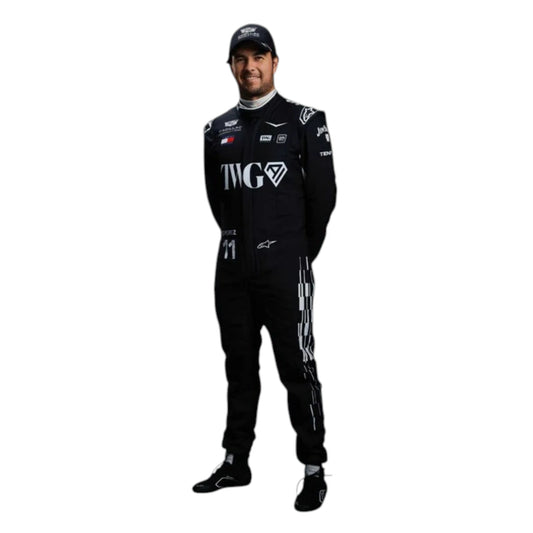 Sergio Perez 2026 Cadillac F1 race suit in black with white accents and sponsor logos