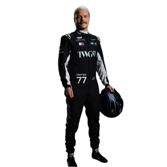 Valtteri Bottas 2026 Cadillac F1 race suit in black with white accents and sponsor logos