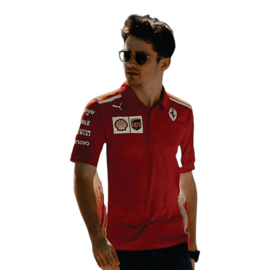2021 Ferrari F1 Polo Shirt in red with authentic Scuderia Ferrari sponsor logos and premium motorsport detailing