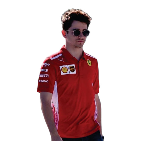 2021 Ferrari F1 Polo Shirt in red with authentic Scuderia Ferrari sponsor logos and premium motorsport detailing