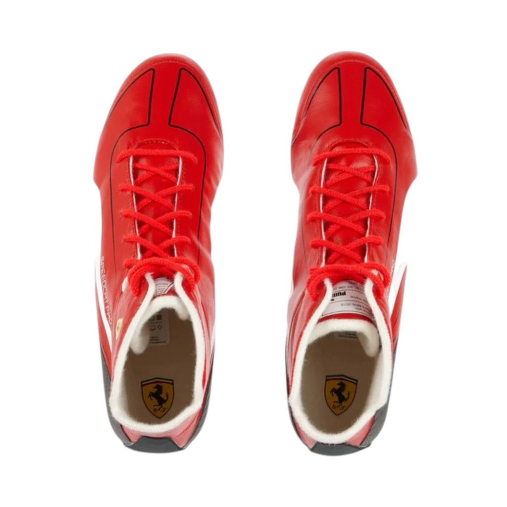 2022 Ferrari Puma Speedcat Pro F1 racing shoes in red featuring Ferrari inspired styling and motorsport detailing