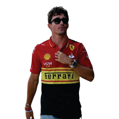 2023 Ferrari Monza GP F1 Polo Shirt in red and black with authentic Scuderia Ferrari sponsor logos and premium motorsport detailing