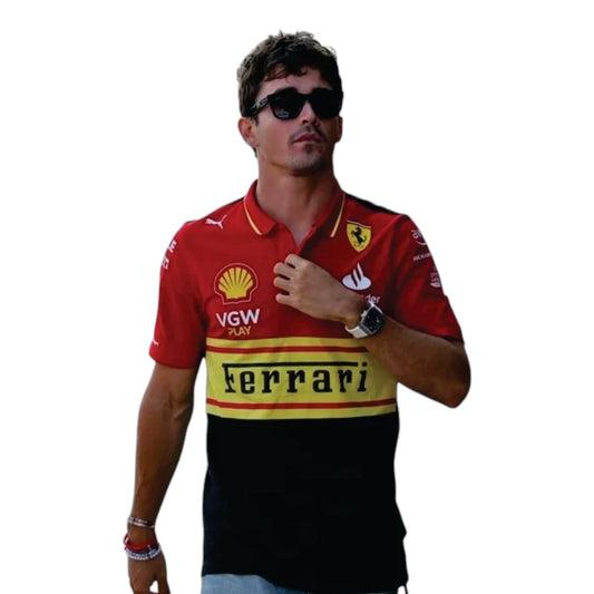 2023 Ferrari Monza GP F1 Polo Shirt in red and black with authentic Scuderia Ferrari sponsor logos and premium motorsport detailing