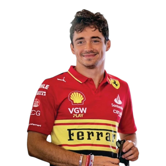 2023 Ferrari Monza GP F1 Polo Shirt in red and black with authentic Scuderia Ferrari sponsor logos and premium motorsport detailing