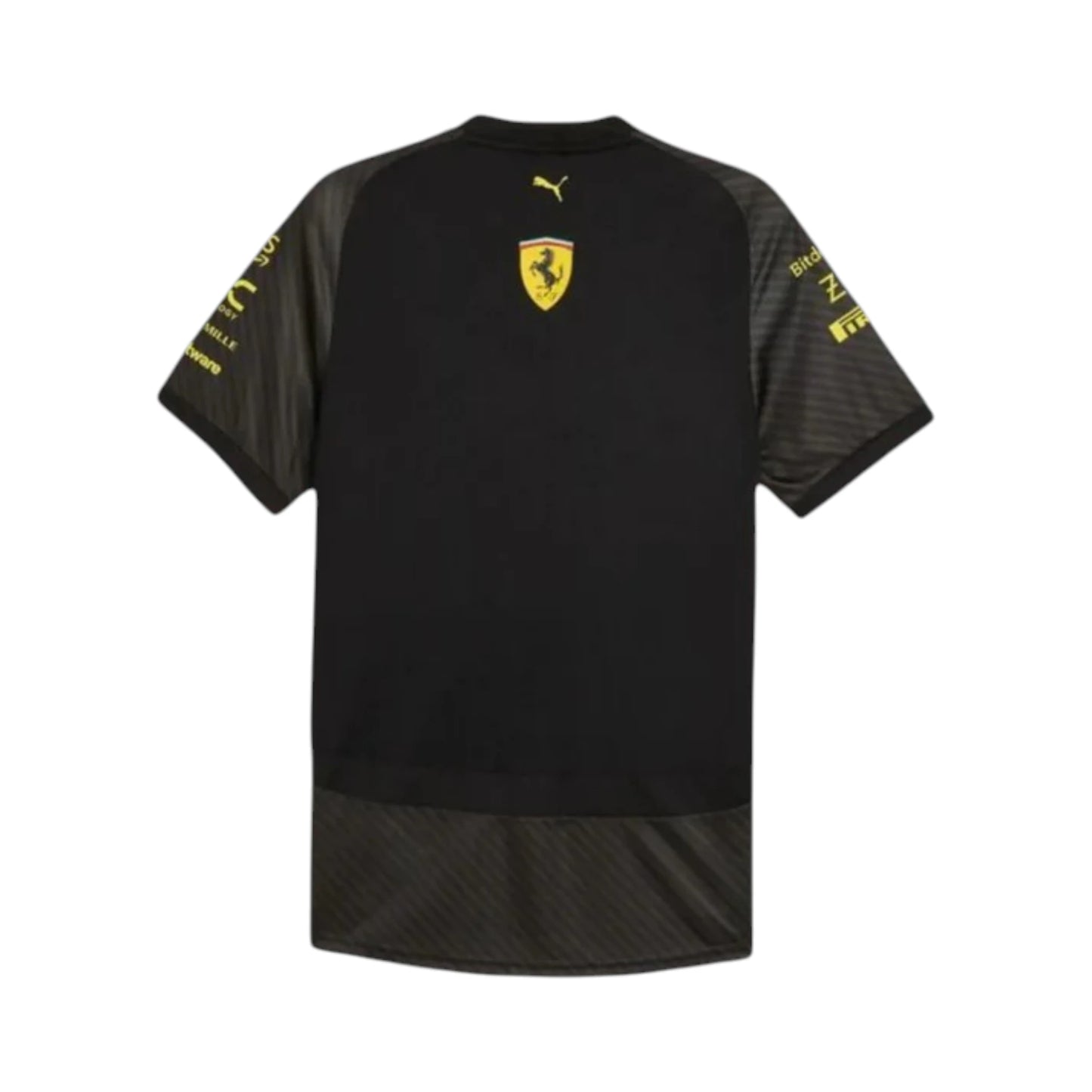 2023 Ferrari Monza GP F1 Racing T-Shirt featuring iconic black and yellow Ferrari Monza graphics, sponsor logos, and premium team apparel design