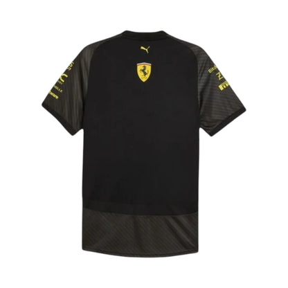 2023 Ferrari Monza GP F1 Racing T-Shirt featuring iconic black and yellow Ferrari Monza graphics, sponsor logos, and premium team apparel design