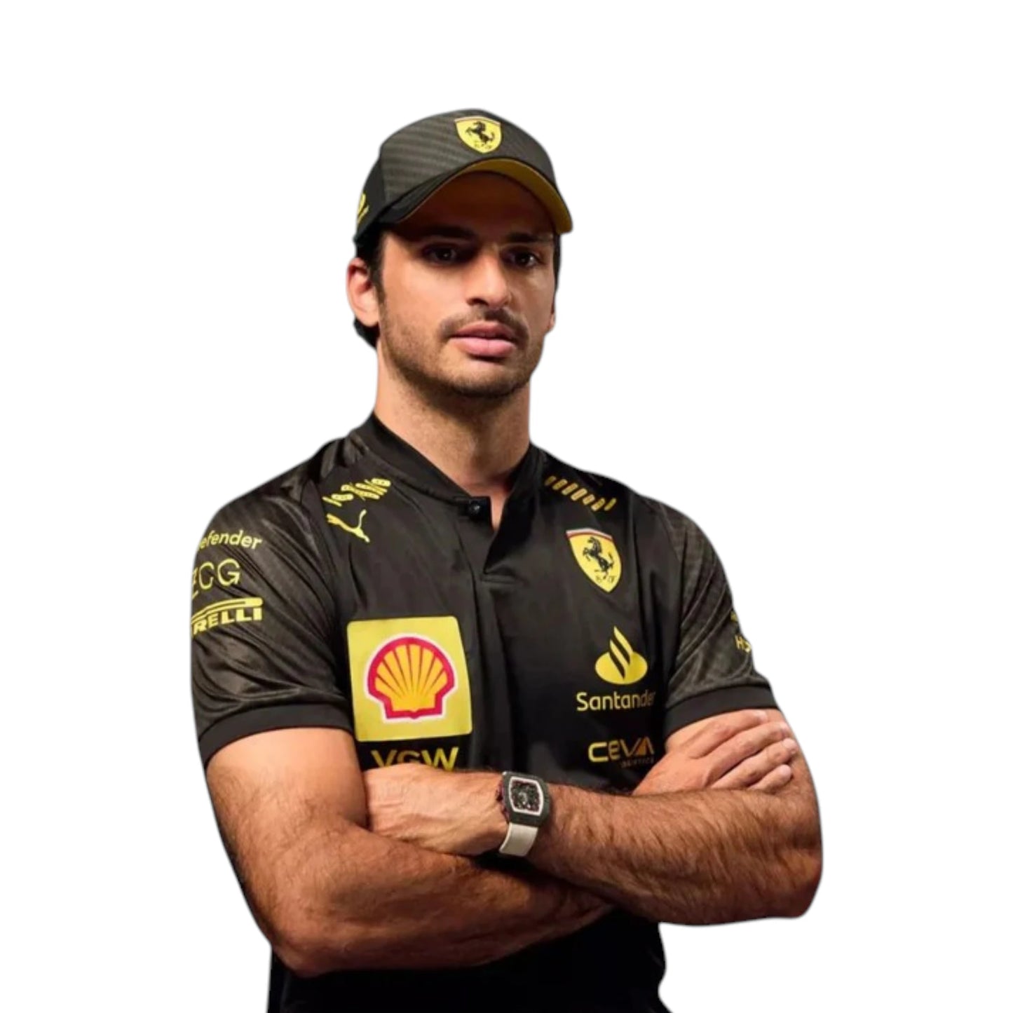 2023 Ferrari Monza GP F1 Racing T-Shirt featuring iconic black and yellow Ferrari Monza graphics, sponsor logos, and premium team apparel design