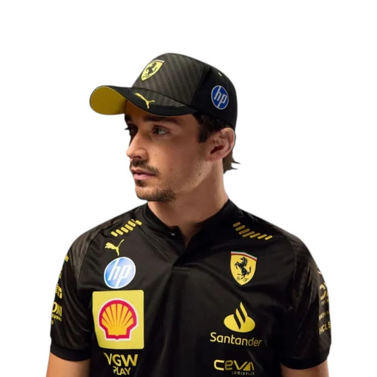 2024 Ferrari Monza GP F1 Racing T-Shirt in black with authentic Scuderia Ferrari sponsor logos and premium motorsport detailing