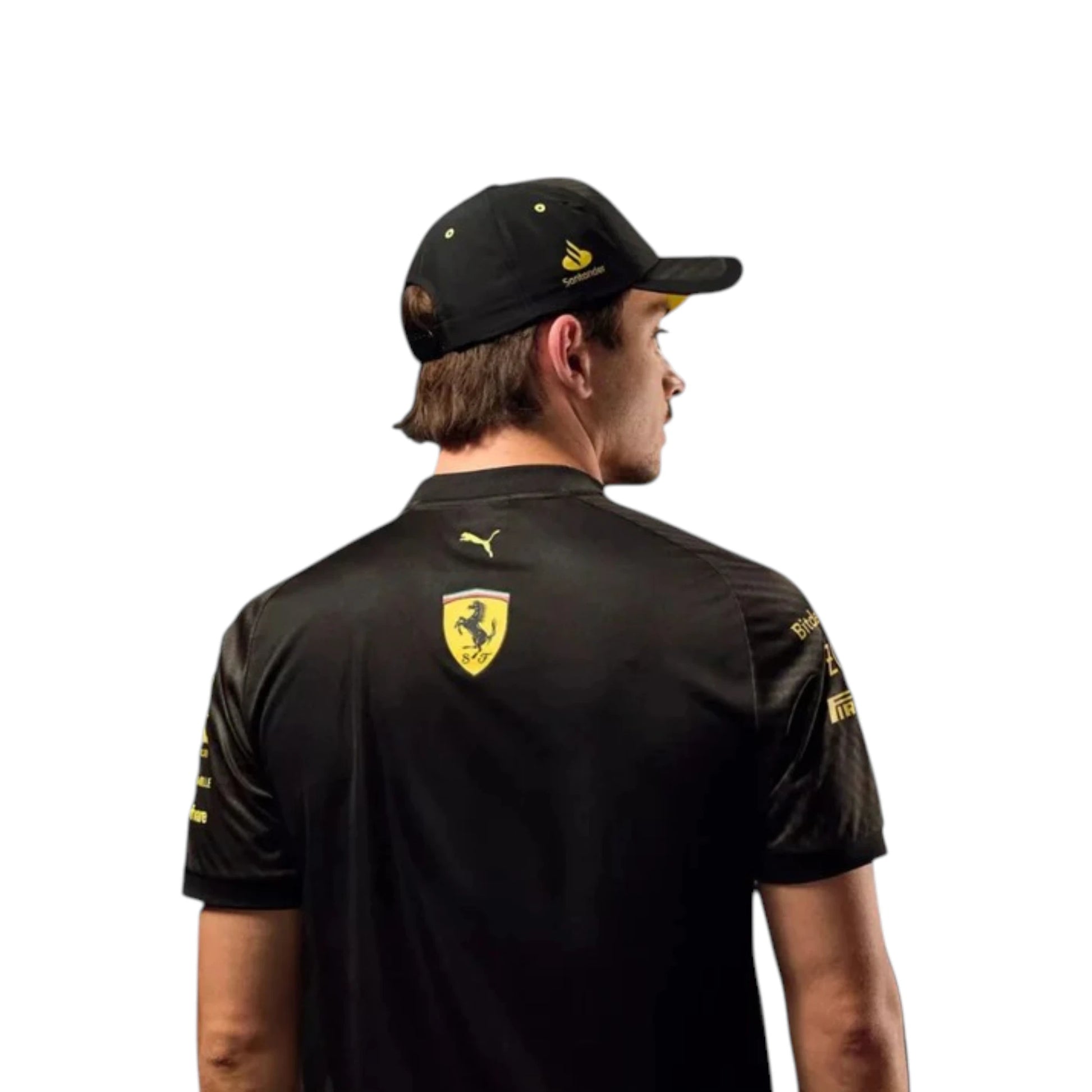 2023 Ferrari Monza GP F1 Racing T-Shirt featuring iconic black and yellow Ferrari Monza graphics, sponsor logos, and premium team apparel design