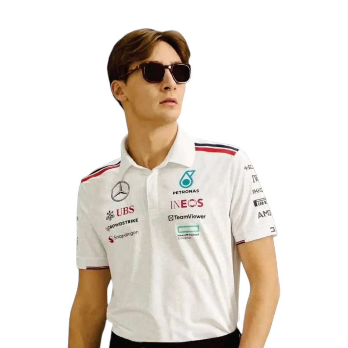 2023 Mercedes-AMG Petronas F1 Team Polo Shirt in white featuring team branding, sponsor logos, collar design and short sleeves