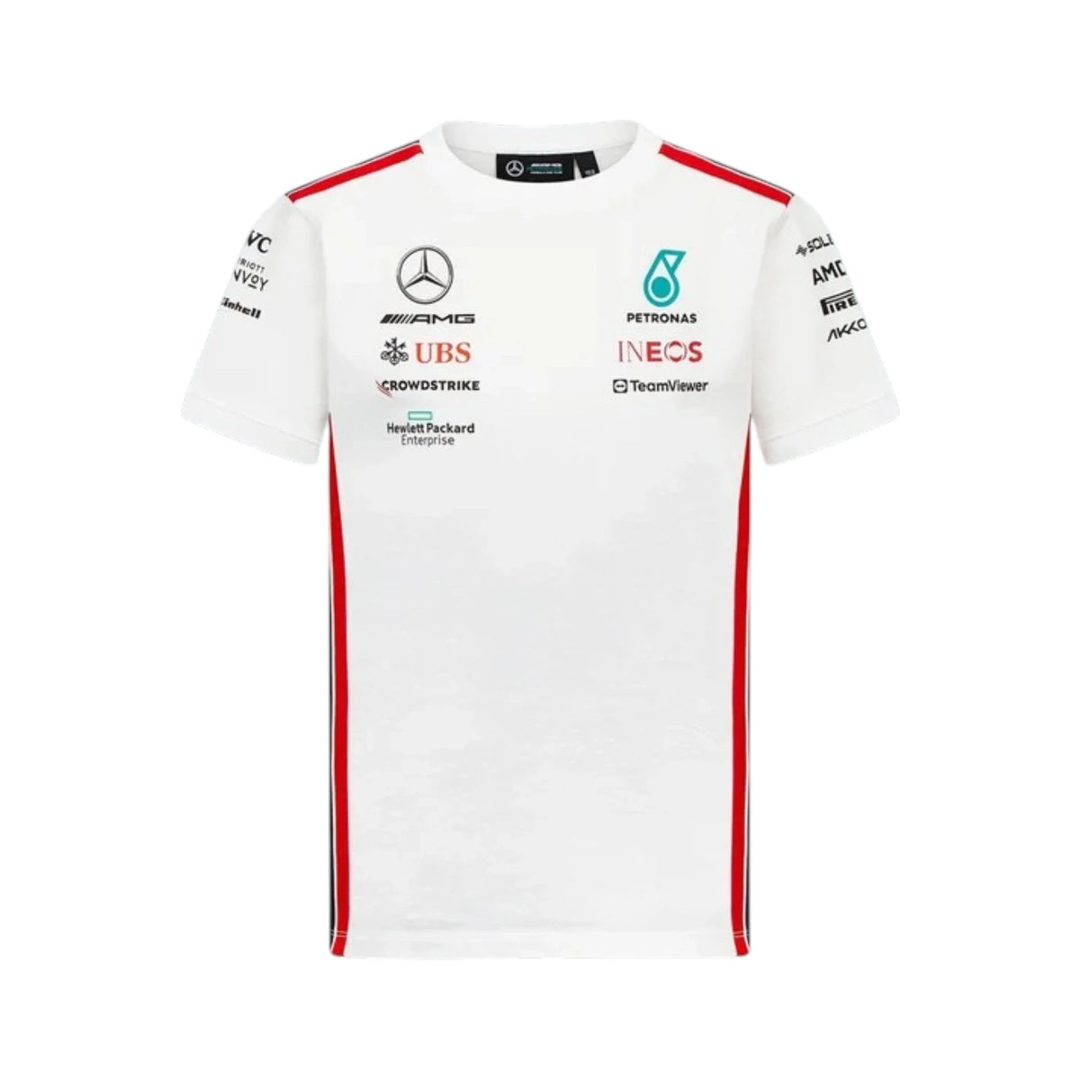 2023 Mercedes-AMG Petronas F1 Team T Shirt in white featuring team sponsor graphics and short sleeve design