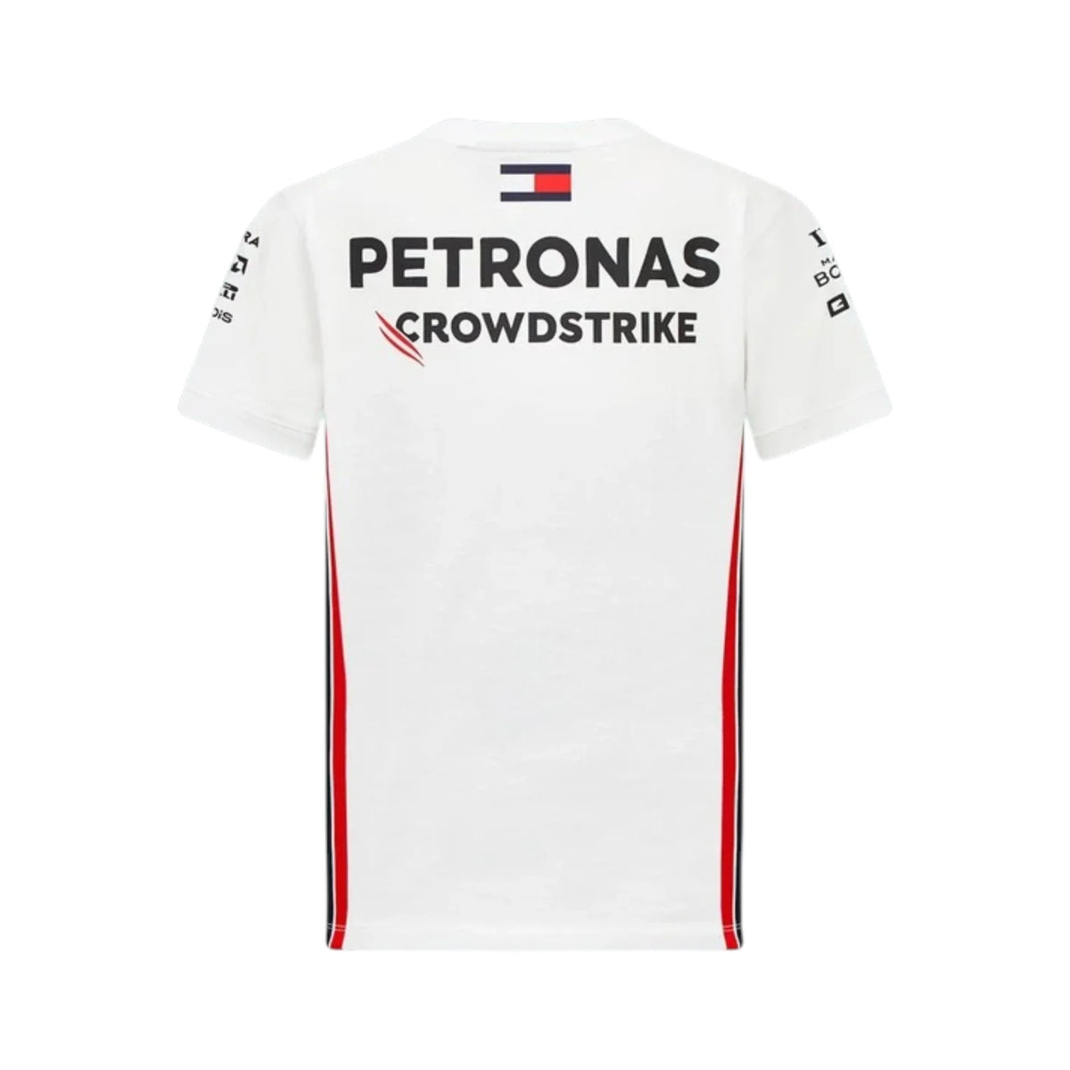 2023 Mercedes-AMG Petronas F1 Team T Shirt in white featuring team sponsor graphics and short sleeve design
