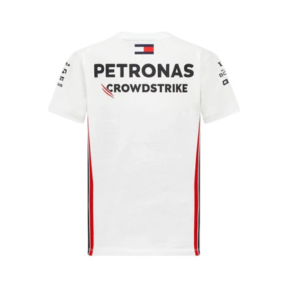 2023 Mercedes-AMG Petronas F1 Team T Shirt in white featuring team sponsor graphics and short sleeve design