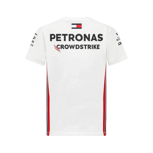 2023 Mercedes-AMG Petronas F1 Team T Shirt in white featuring team sponsor graphics and short sleeve design