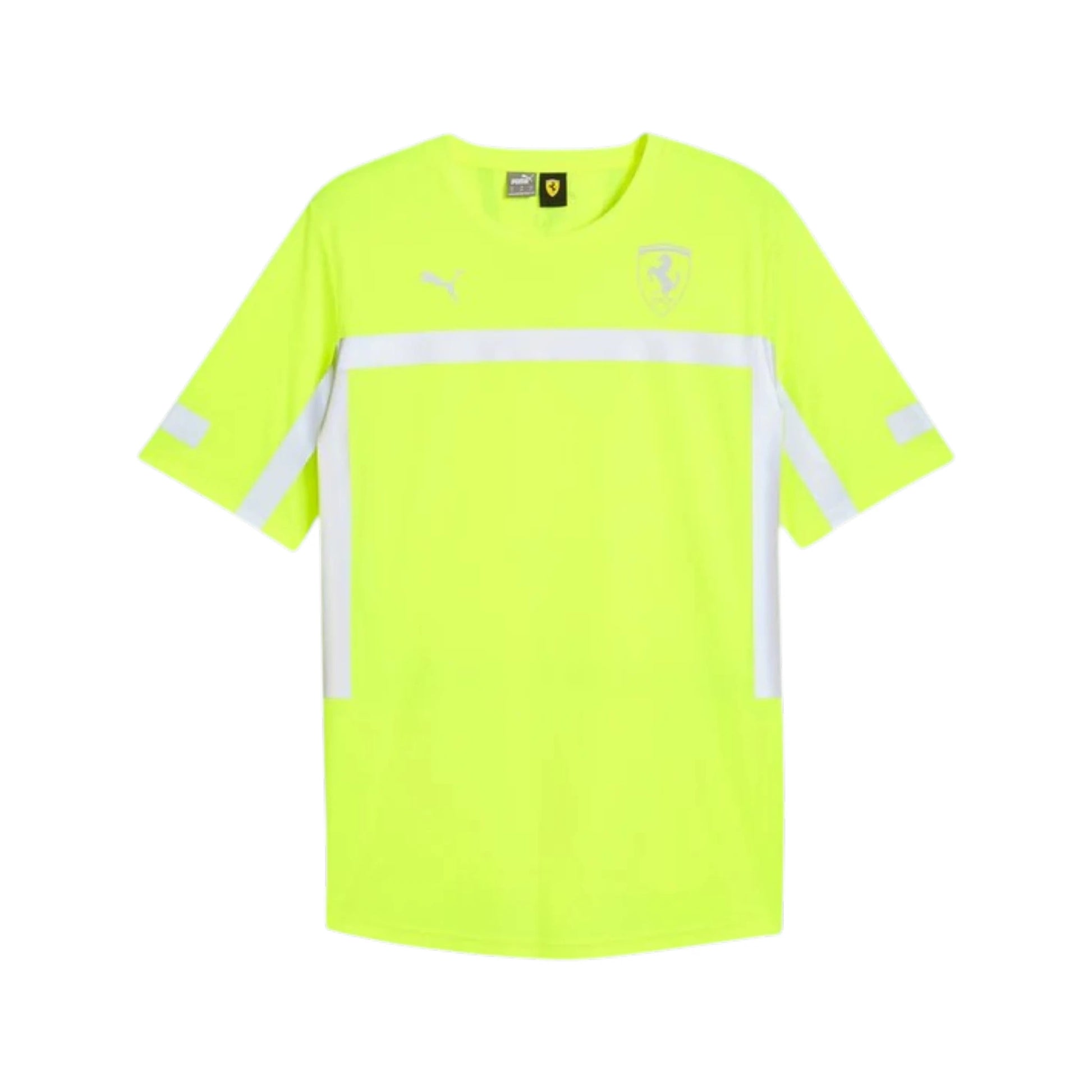 2024 Ferrari Team Reflective F1 T-Shirt in neon yellow featuring reflective panels, Ferrari team branding, and short sleeve premium cotton design