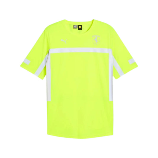 2024 Ferrari Team Reflective F1 T-Shirt in neon yellow featuring reflective panels, Ferrari team branding, and short sleeve premium cotton design