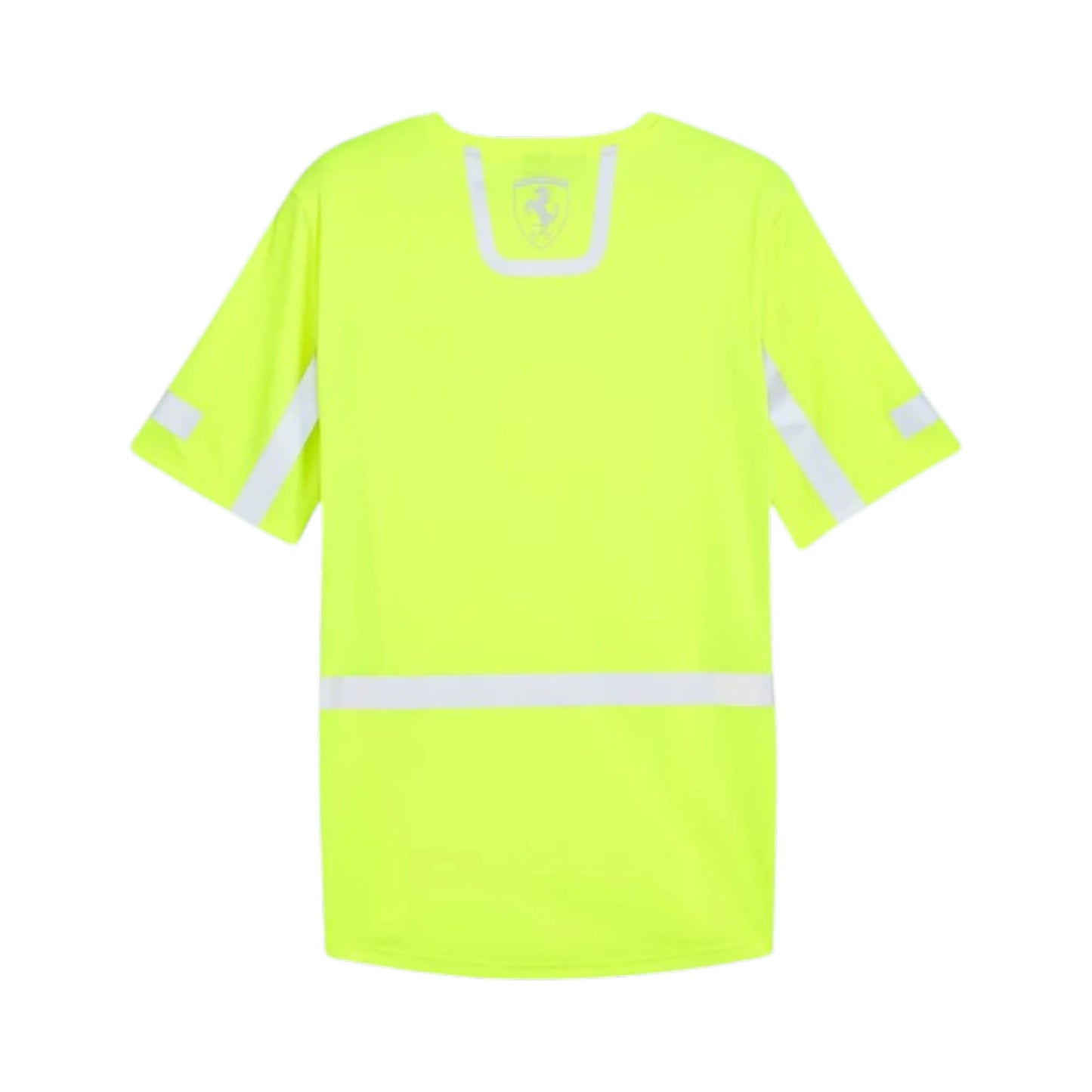 2024 Ferrari Team Reflective F1 T-Shirt in neon yellow featuring reflective panels, Ferrari team branding, and short sleeve premium cotton design
