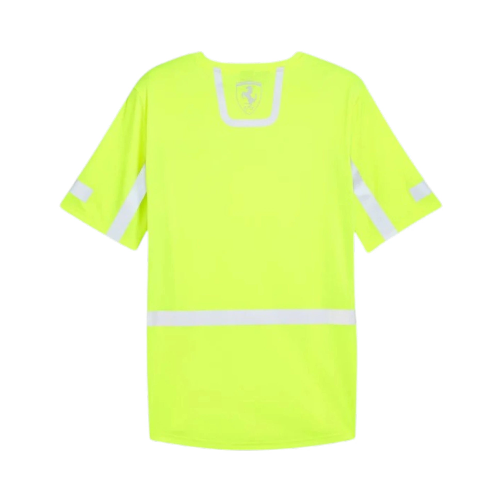 2024 Ferrari Team Reflective F1 T-Shirt in neon yellow featuring reflective panels, Ferrari team branding, and short sleeve premium cotton design