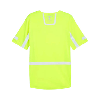 2024 Ferrari Team Reflective F1 T-Shirt in neon yellow featuring reflective panels, Ferrari team branding, and short sleeve premium cotton design