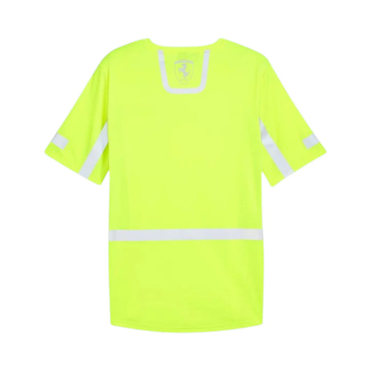 2024 Ferrari Team Reflective F1 T-Shirt in neon yellow featuring reflective panels, Ferrari team branding, and short sleeve premium cotton design