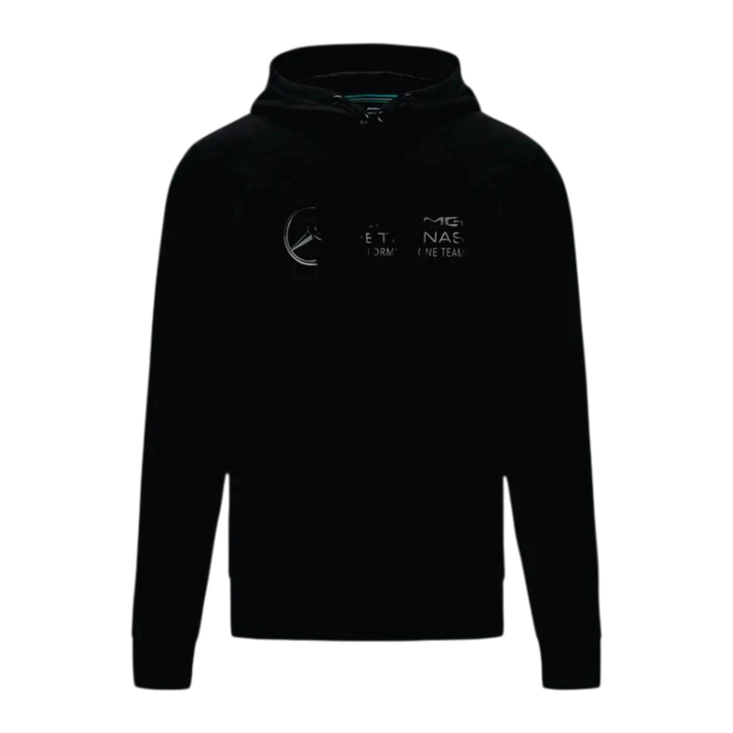 2024 Mercedes-AMG Petronas F1 Hoodie in black featuring Mercedes AMG Petronas team graphics, subtle sponsor branding, and a soft fleece lined design